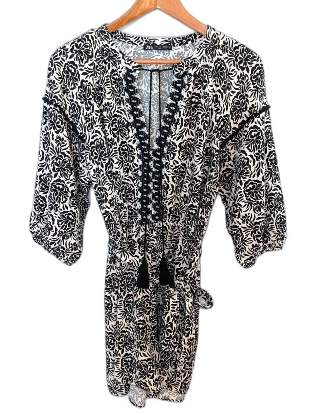 Zara | Linen Blend Floral Print Belted Romper with Tassels | Size	Large